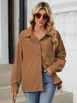 Caramel corduroy overshirt with patch pockets and button front, styled with jeans.