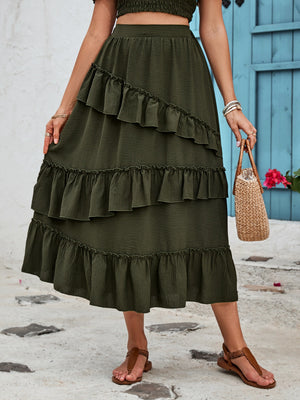 Dark green midi skirt with tiered ruffles and textured fabric.