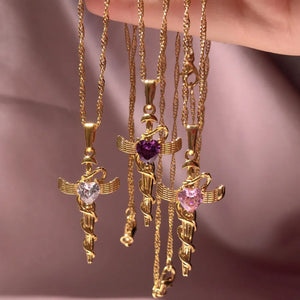 Heart-Set Cross Charm Pendant Necklace with clear, purple, and pink gems, 18K gold-plated chain
