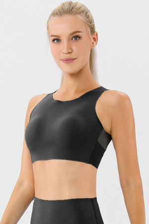 Black sculpted performance sports bra with mesh side panels and scoop neckline.