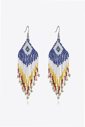 Beaded diamond fringe earrings with blue, white, yellow, red, and green beads.