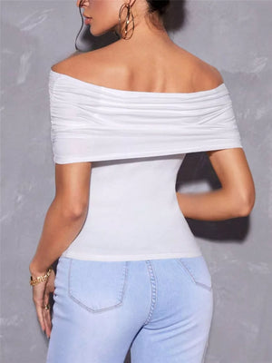 White off-shoulder ruched t-shirt with a fitted silhouette.