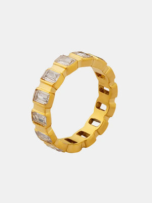 Gold baguette eternity ring with clear stones, 18K gold-plated.