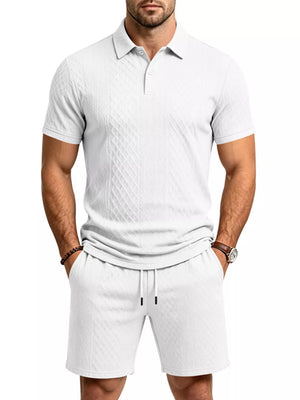 Men's Textured Short Sleeve Polo & Shorts Set in Dark Gray, editorial view