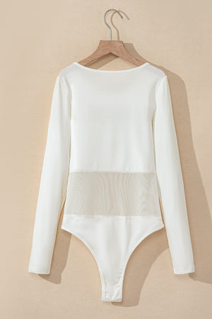 White long sleeve bodysuit with sheer mesh panel detail.