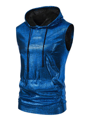 Men's blue iridescent sleeveless hooded tank top with cracked texture and drawstring hood.