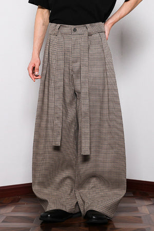Men's belted wide leg plaid sweatpants in brown with a tie waist.