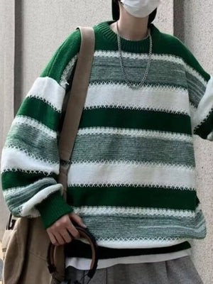 Relaxed fit green and white striped sweater with white stitching detail