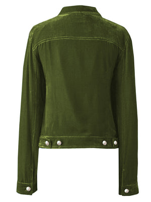 Dark green velvet western jacket with silver buttons and double-stitched yoke detail.