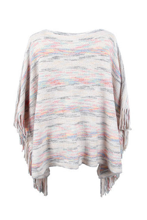 Multicolor knit poncho with fringe detail and boat neck, in ivory with multi-colored stripes.