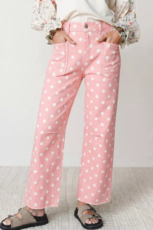 Polka Dot Wide Leg Jeans in Blush Pink, front view