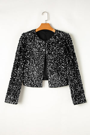 Black sequin embellished cropped open jacket with round neckline and long sleeves.