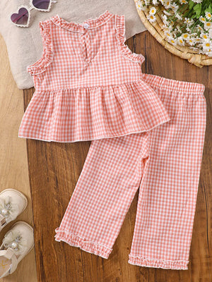 Pink gingham cotton baby set with ruffled neckline and hem pants