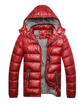 Red hooded puffer jacket with striped lining and zip pockets