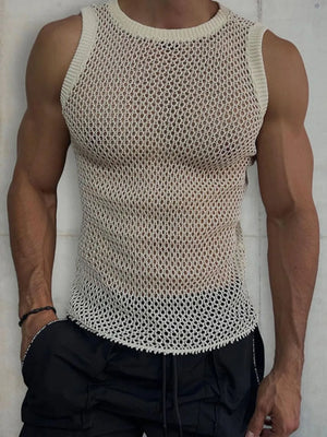 Ivory open-knit tank top with ribbed trim and a crochet hem detail.