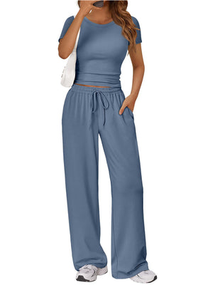 Blue round neck tee and relaxed drawstring pants set with pockets