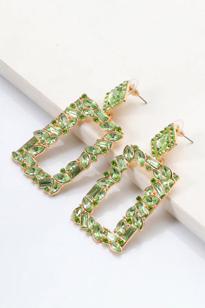 Light green geometric jewel box earrings with gold alloy setting and crystal accents.