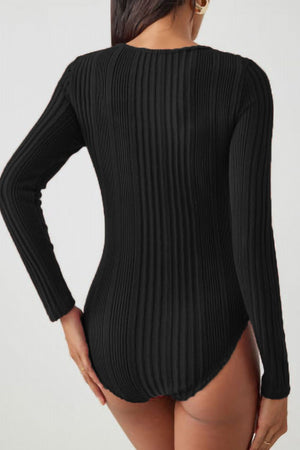 Black ribbed long sleeve bodysuit with a keyhole detail.
