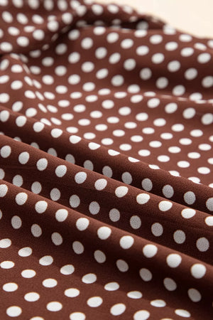 Charming Ruffled Polka Dot Maxi Dress in brown polyester with white polka dots.
