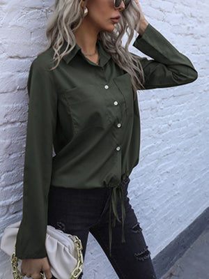 Black Forest drawstring waist utility shirt with button front and chest pockets.