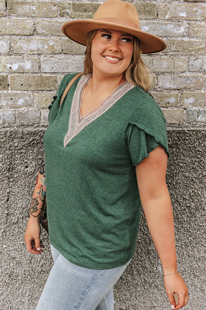 Dark green tee with lace trim V-neck and flutter sleeves.