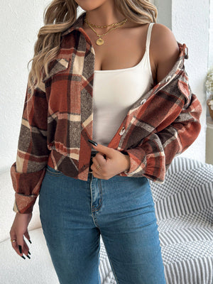 Cropped plaid shacket in terracotta with gathered sleeves and button front.