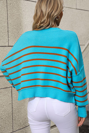 Aqua and brown striped boxy knit sweater with crew neck and ribbed details.