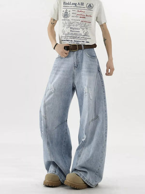Distressed light blue wide-leg denim jeans with belt