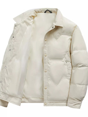 Ivory padded puffer jacket for men with button-down closure and collar.