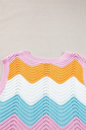 Chevron knit tank top in stripe pattern with open knit details and a crew neck.