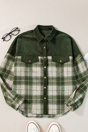 Black Forest corduroy yoke plaid overshirt with two chest pockets and collared neckline.