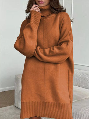 Caramel drop shoulder turtleneck sweater dress with ribbed cuffs and hem.