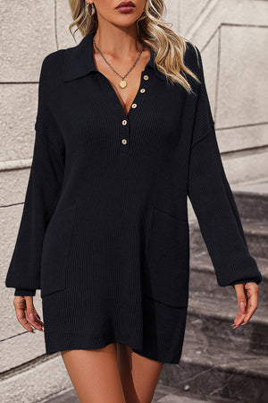 Black ribbed knit polo dress with buttons and pockets.