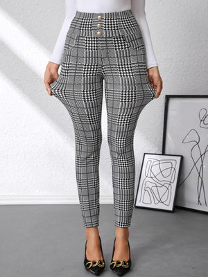 Plaid high waist slim fit ankle length pants with decorative buttons.