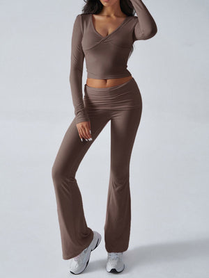 Cross-front crop top and flare lounge pants set in Coffee Brown, with a V-neck and long sleeves.