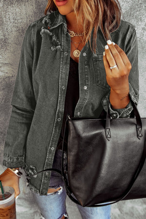 Dark gray distressed denim shirt jacket with raw edges and button front.