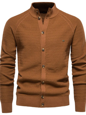 Caramel textured knit stand collar cardigan with button closure
