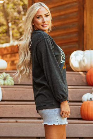 Dark gray corduroy sweatshirt with "Pumpkin Spice" graphic on chest, crew neck, long sleeves.