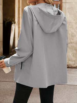 Gray zip-through hooded jacket with black trim pocket detail