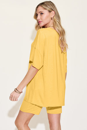 Yellow bamboo loungewear set with relaxed fit tee and shorts.