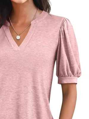 Light Pink Puff Sleeve Notched V-neck T-Shirt with gathered sleeves and banded cuffs.