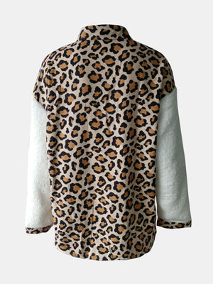 Plaid & Sherpa Hybrid Shacket in Leopard with cream sherpa sleeves.