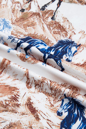 Western-inspired tank top with horse print in blue and brown on white polyester fabric.