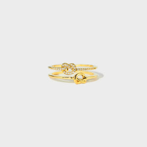 Gold knot rings, one pavé-embellished, 18K gold-plated set