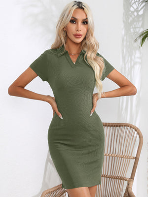 Ribbed polo mini dress in matcha green with short sleeves and a V-neck collar.