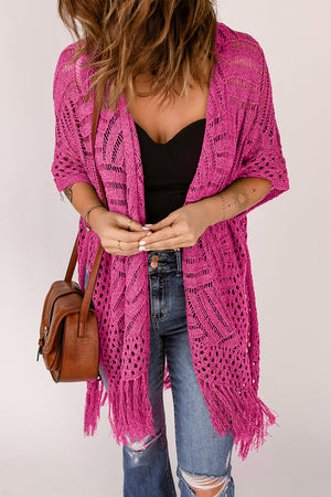 Hot Pink open knit chevron fringe cardigan with short sleeves and boho styling.