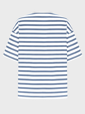 Oversized striped tee with dropped sleeves in Dusty Blue and white horizontal stripes.