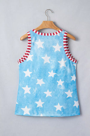 Starry tie-dye tank top with red and white striped trim and scoop neckline.