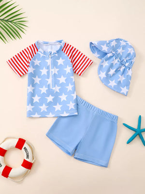 Children's Patriotic Star Print Swim Set With Hat, front view