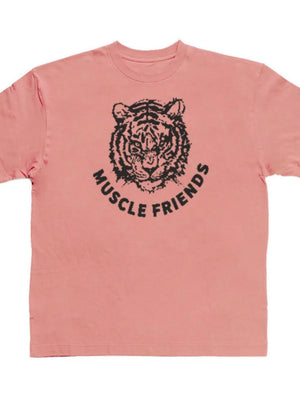 Dusty Pink oversized tee with black tiger graphic and Muscle Friends text.